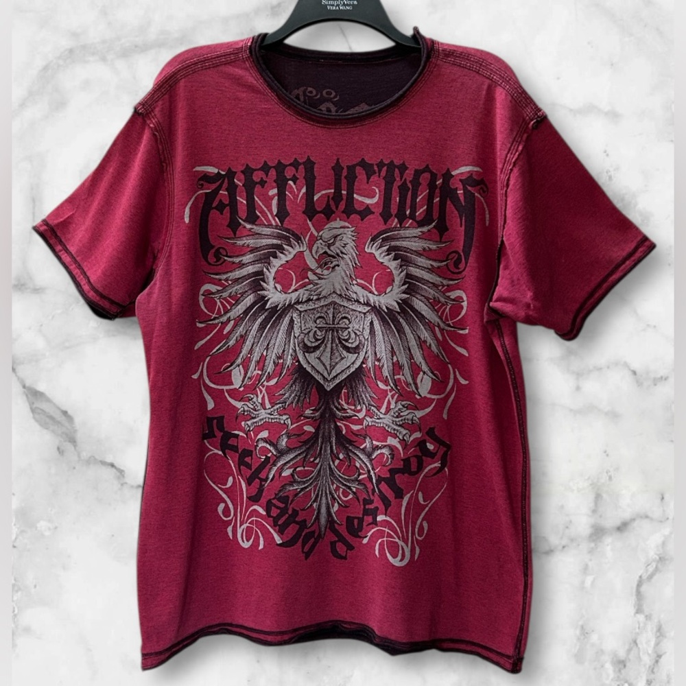 Affliction Seek and Destroy Reversible Graphic Print Burgundy Black Shirt Sz XL - Picture 3 of 11